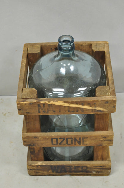 Vintage Great Bear Blue 5 Gallon Glass Carboy Jug in Wooden Crate