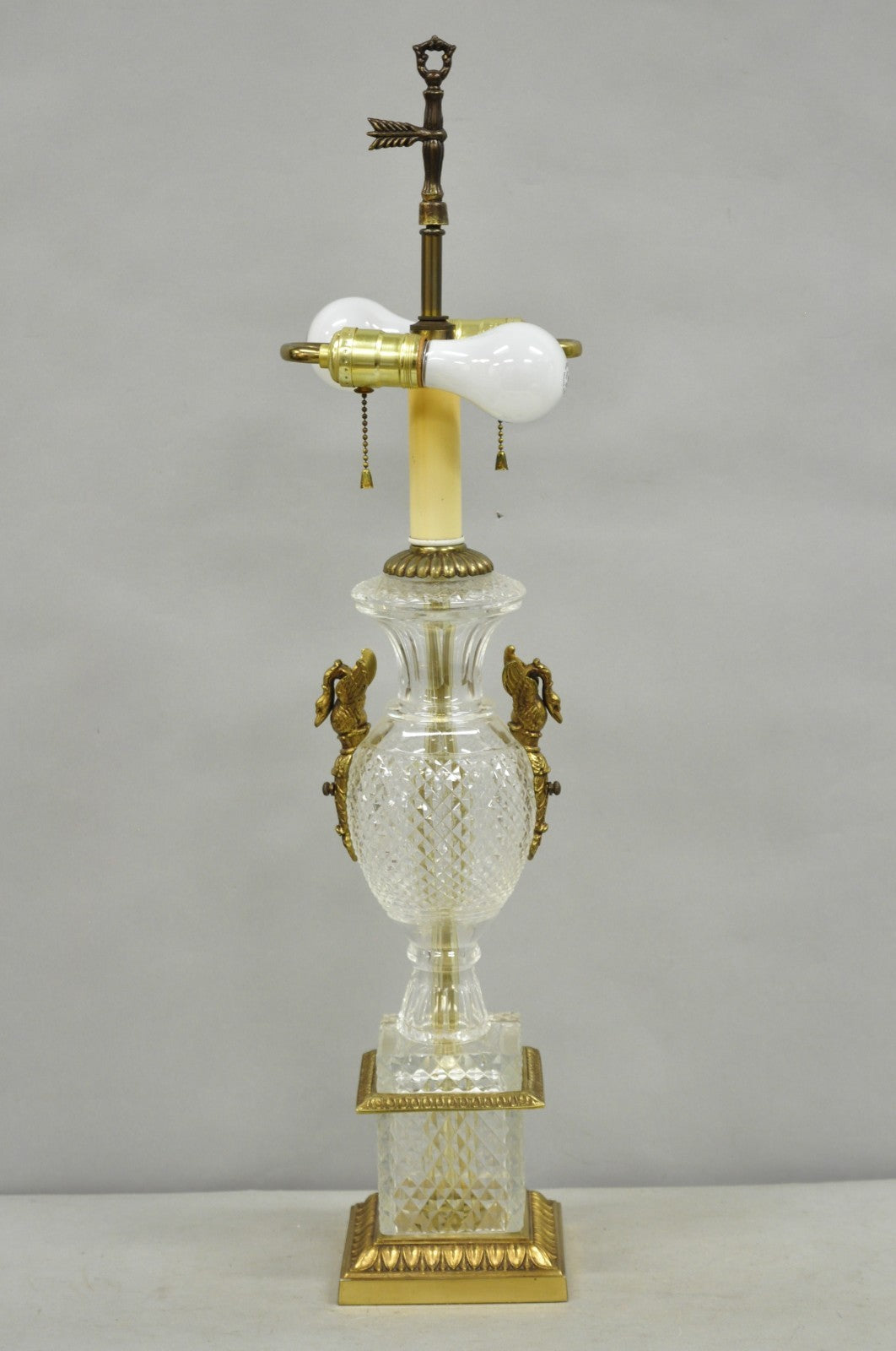 French Empire Regency Baccarat Style Glass Crystal Urn Table Lamp w/ Brass Swans