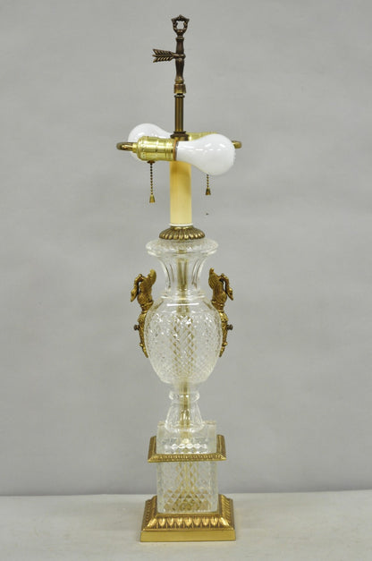 French Empire Regency Baccarat Style Glass Crystal Urn Table Lamp w/ Brass Swans