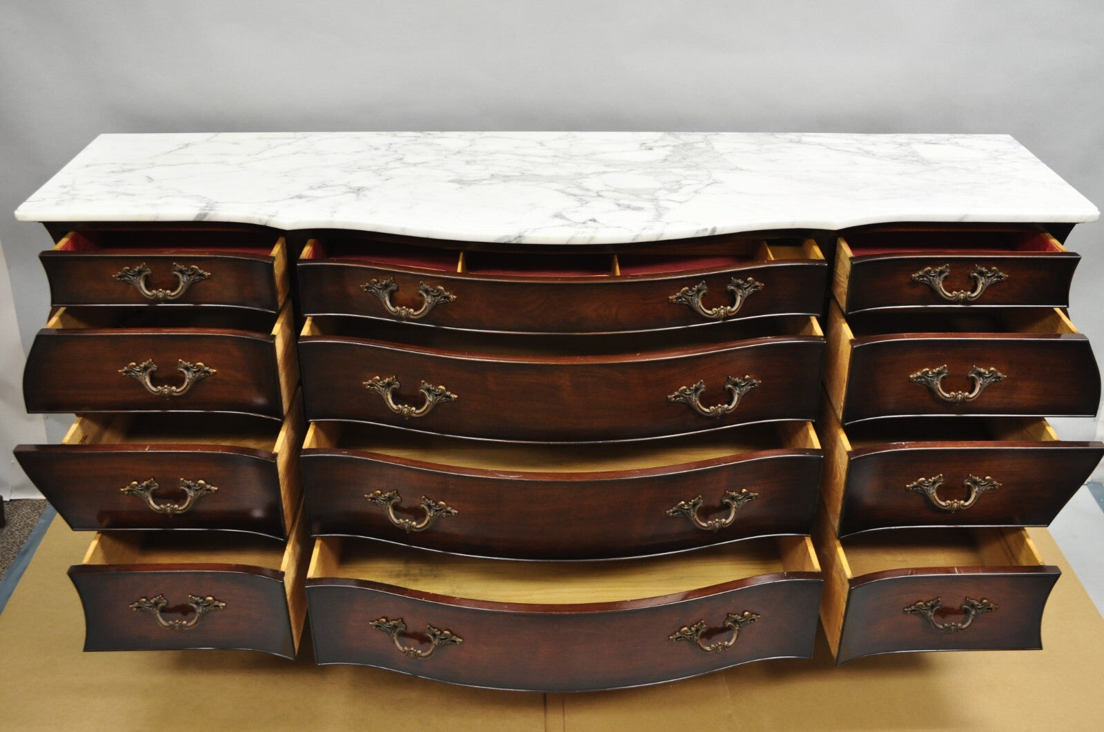 Vintage J. Zonan French Regency Mahogany Marble Top 12 Drawer Triple Dresser