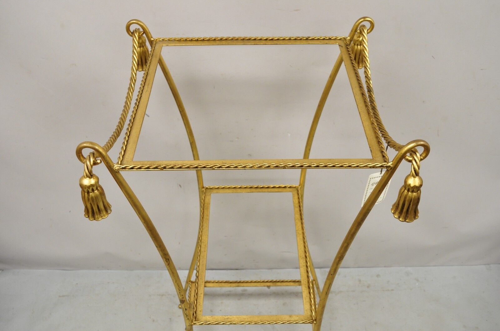 Italian Hollywood Regency Iron Rope Tassel Gold 3 Tier Display Stand Pedestal