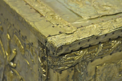 Antique Victorian Embossed Brass Fireplace Log Box Coal Box with Country Scenes