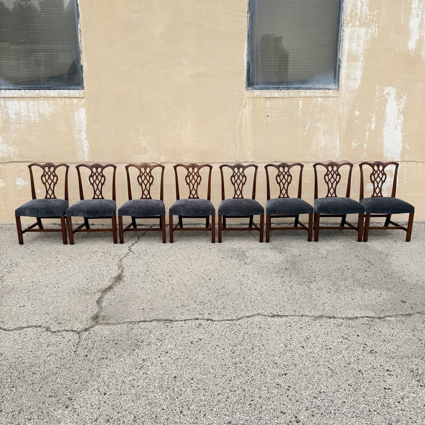 Antique Chippendale Style Mahogany Carved Fretwork Dining Chairs - Set of 10