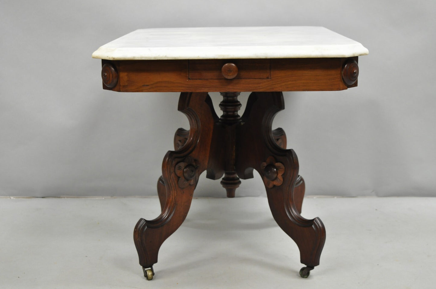 Antique Eastlake Victorian Small Marble Top Pedestal Base Coffee Table w/ Drawer