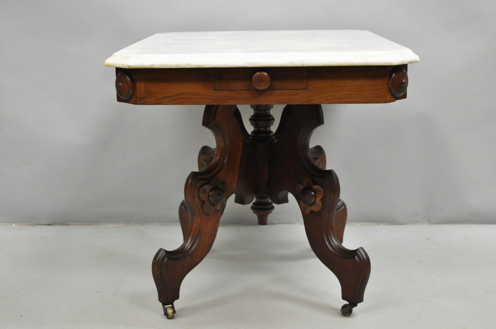 Antique Eastlake Victorian Small Marble Top Pedestal Base Coffee Table w/ Drawer