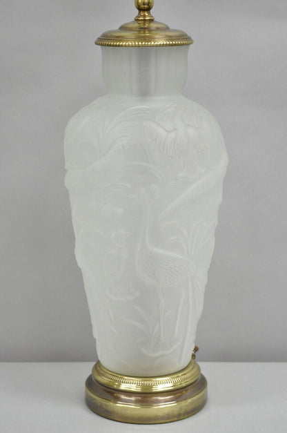 Vintage Chinoiserie Raised Satin Glass Tropical Birds Art Nouveau Table Lamp