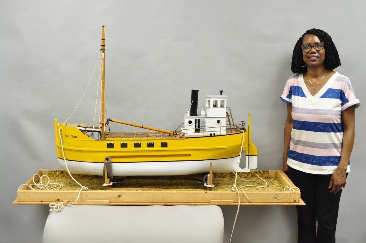 Large 48" Vintage Wooden Fishing Vessel Model Ship Yellow Hull South Korean Flag