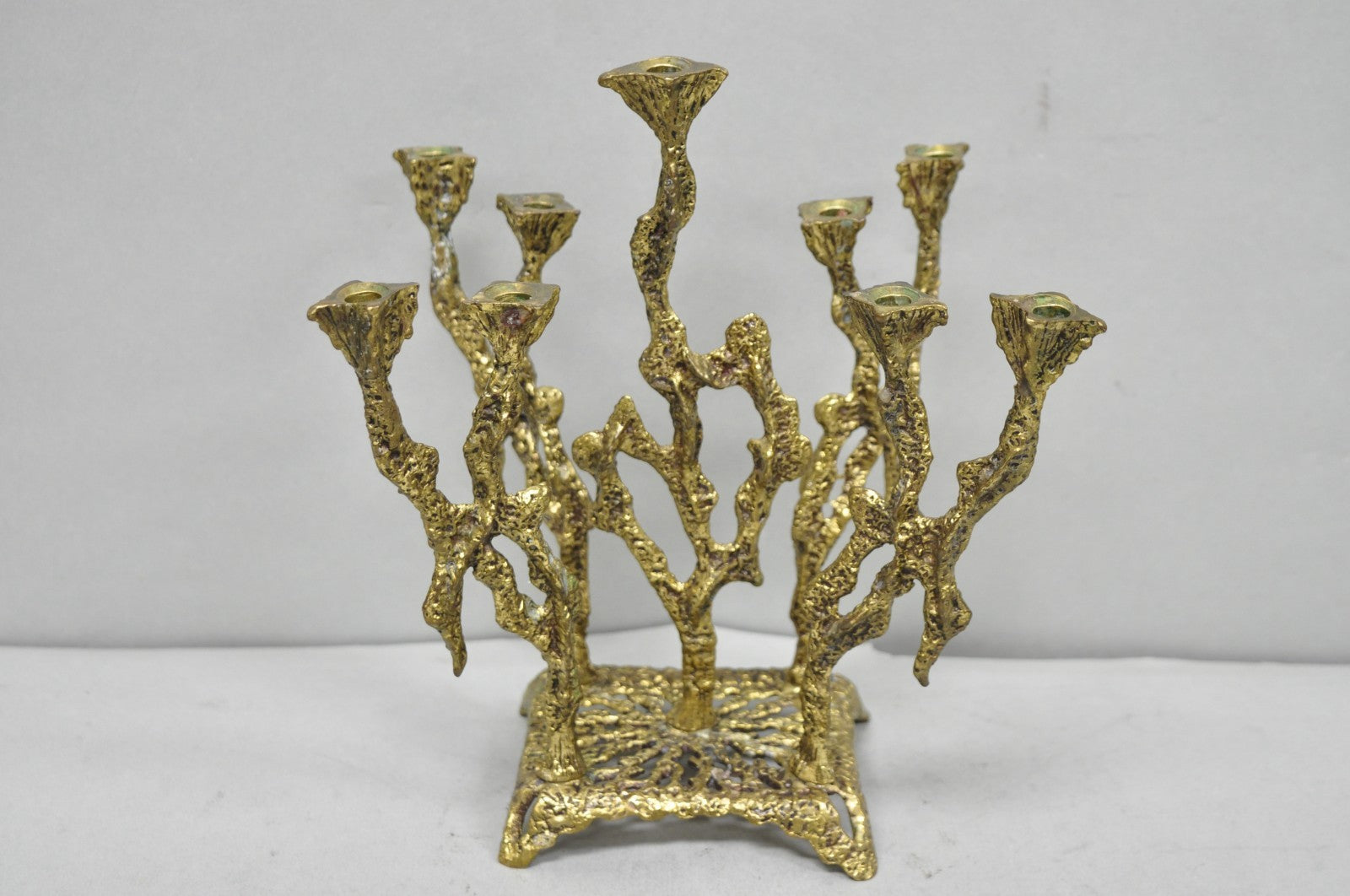 Vintage Mid Century Modern Brutalist Brass Judaica Candelabra by Wainberg