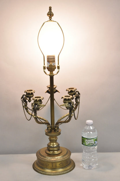 Vintage French Regency Style Brass Swans Candelabra Table Lamps - a Pair