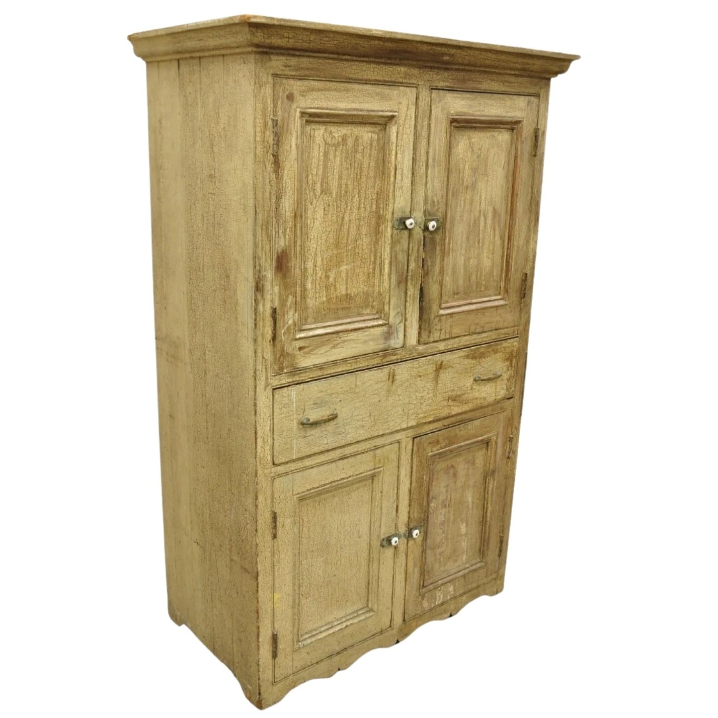 Antique French Country Farmhouse Beige Distressed Paint Kitchen Cupboard Cabinet