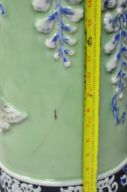 Japanese Porcelain Glazed Celadon Wisteria Flower & Butterfly Umbrella Stand