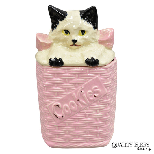 Vintage McCoy Pottery White and Black Cat Kitten Kitty in Pink Basket Cookie Jar