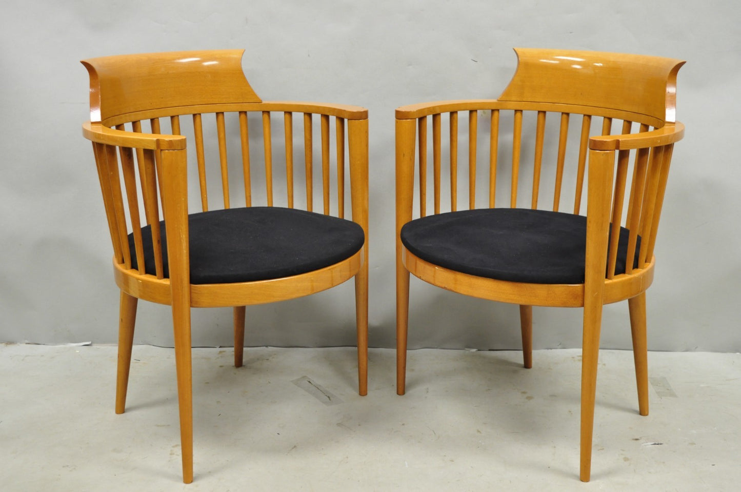 Vintage Postmodern Maple Wood Spindle Barrel Back Lounge Arm Chairs - a Pair