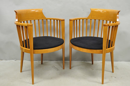 Vintage Postmodern Maple Wood Spindle Barrel Back Lounge Arm Chairs - a Pair