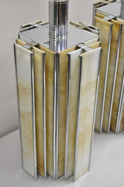 Vintage Art Deco Chrome & Stained Glass Skyscraper Table Lamps - a Pair