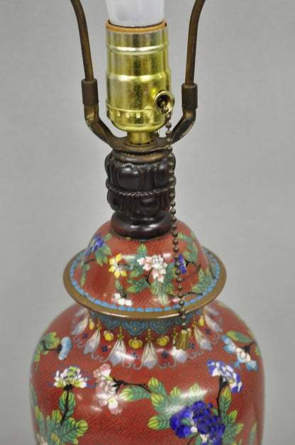 Vintage Chinese Porcelain Enamel Bronze Red Cloisonne Champleve Vase Table Lamp