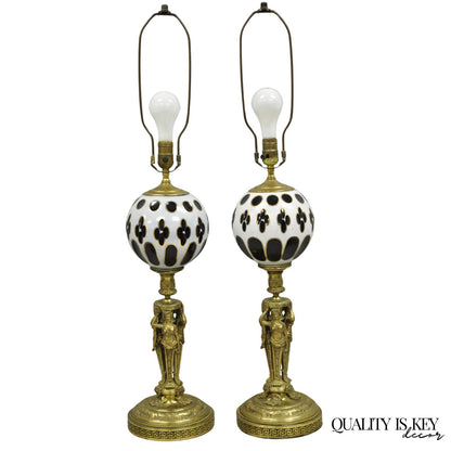 French Renaissance Brass Figural Maiden Base Red Bohemian Glass Table Lamps Pair