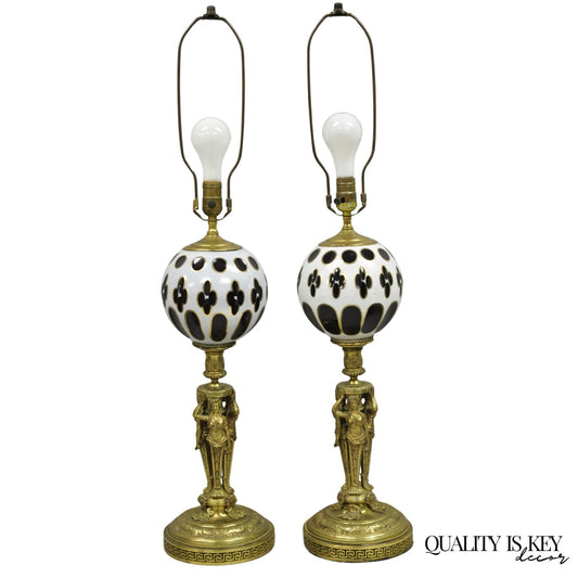 French Renaissance Brass Figural Maiden Base Red Bohemian Glass Table Lamps Pair
