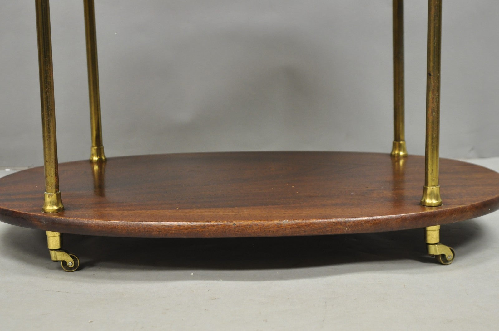 English Campaign Style Mahogany & Brass Oval 3 Tier Rolling Bar Cart Side Table