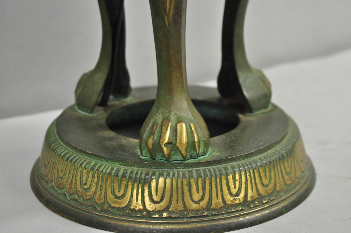 Chinoiserie James Mont Style Green Bronze Chinese Foo Dog Table Lamps - a Pair