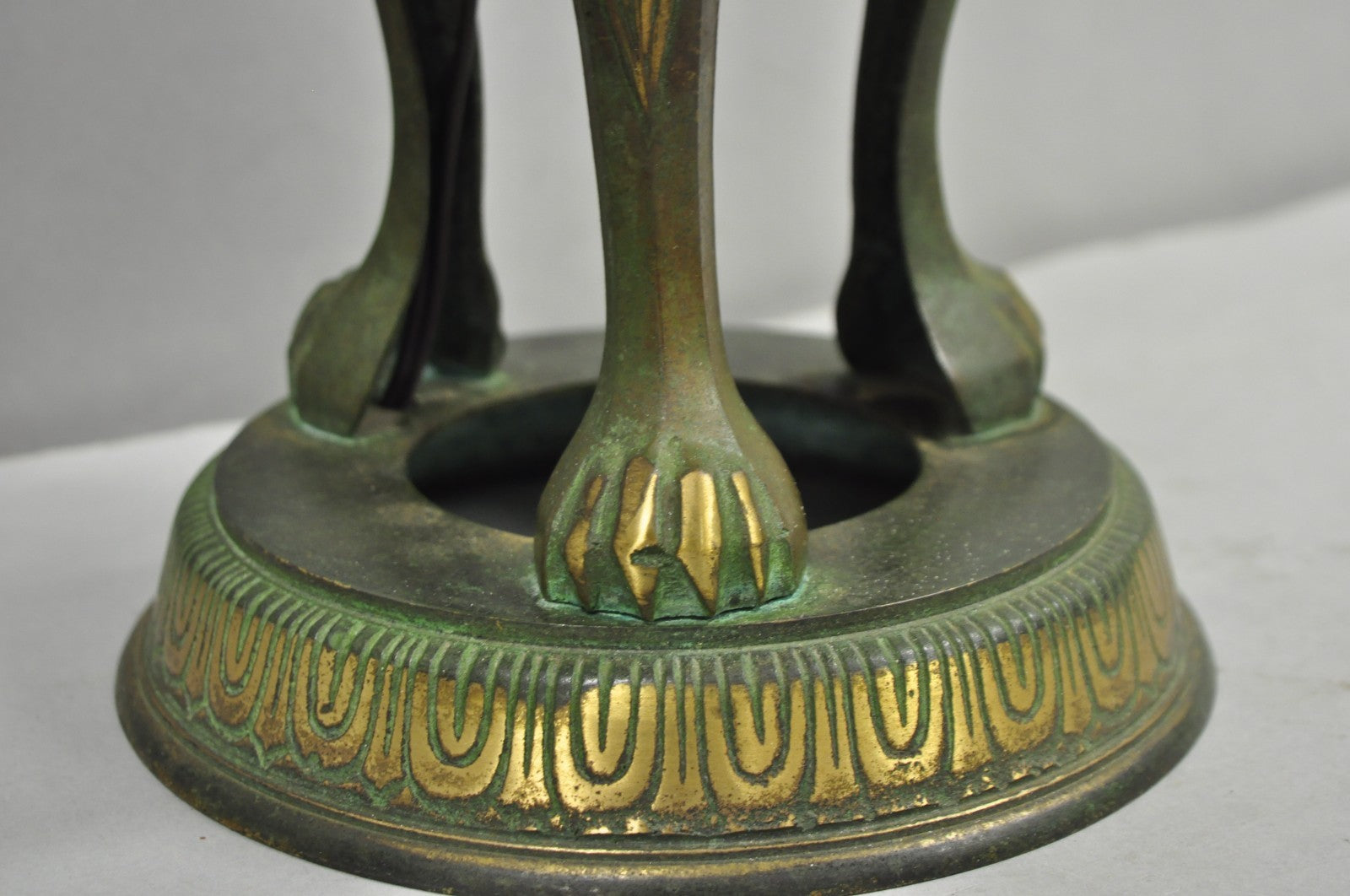 Chinoiserie James Mont Style Green Bronze Chinese Foo Dog Table Lamps - a Pair