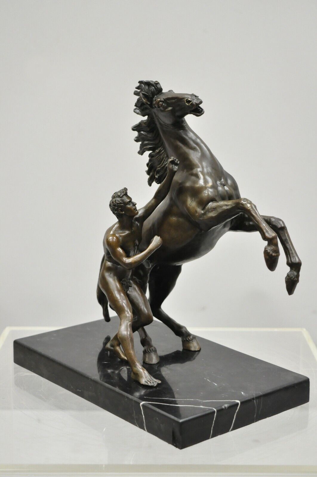 Pair of Bronze and Marble Marly Horse and Tamer Sculpture Statues After Coustou