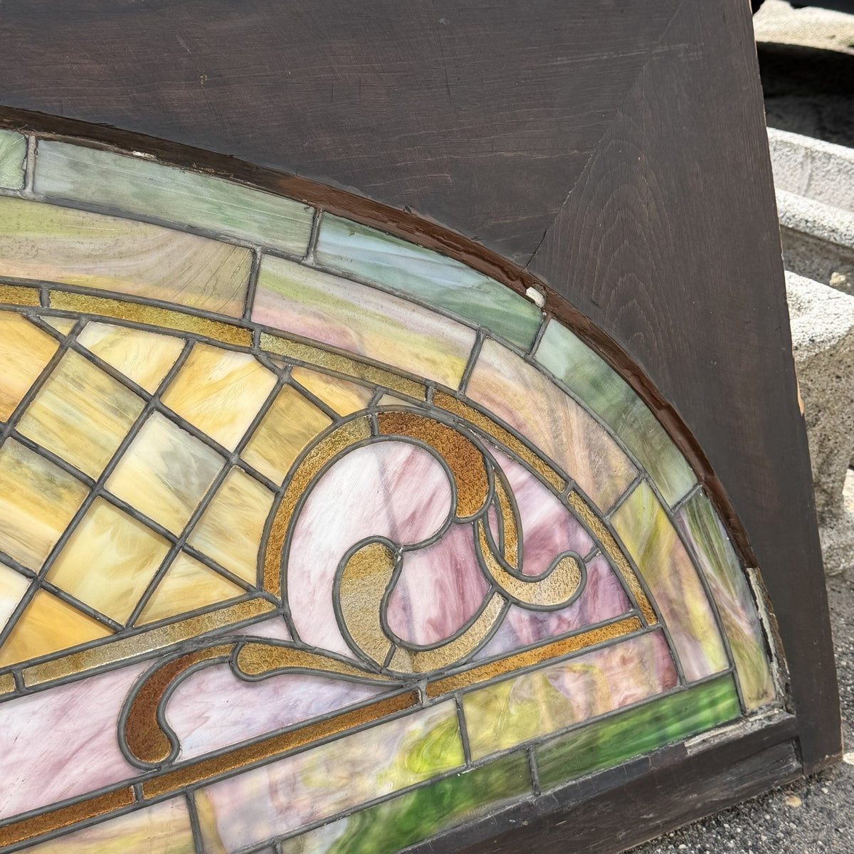 Antique Art Nouveau Colored Stained Glass Fruit 27 x 75 Arched Transom Window, A