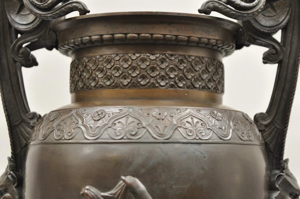 19th C Alfred Daubree French Neoclassical Bronze Figural Urn Vase with Lions