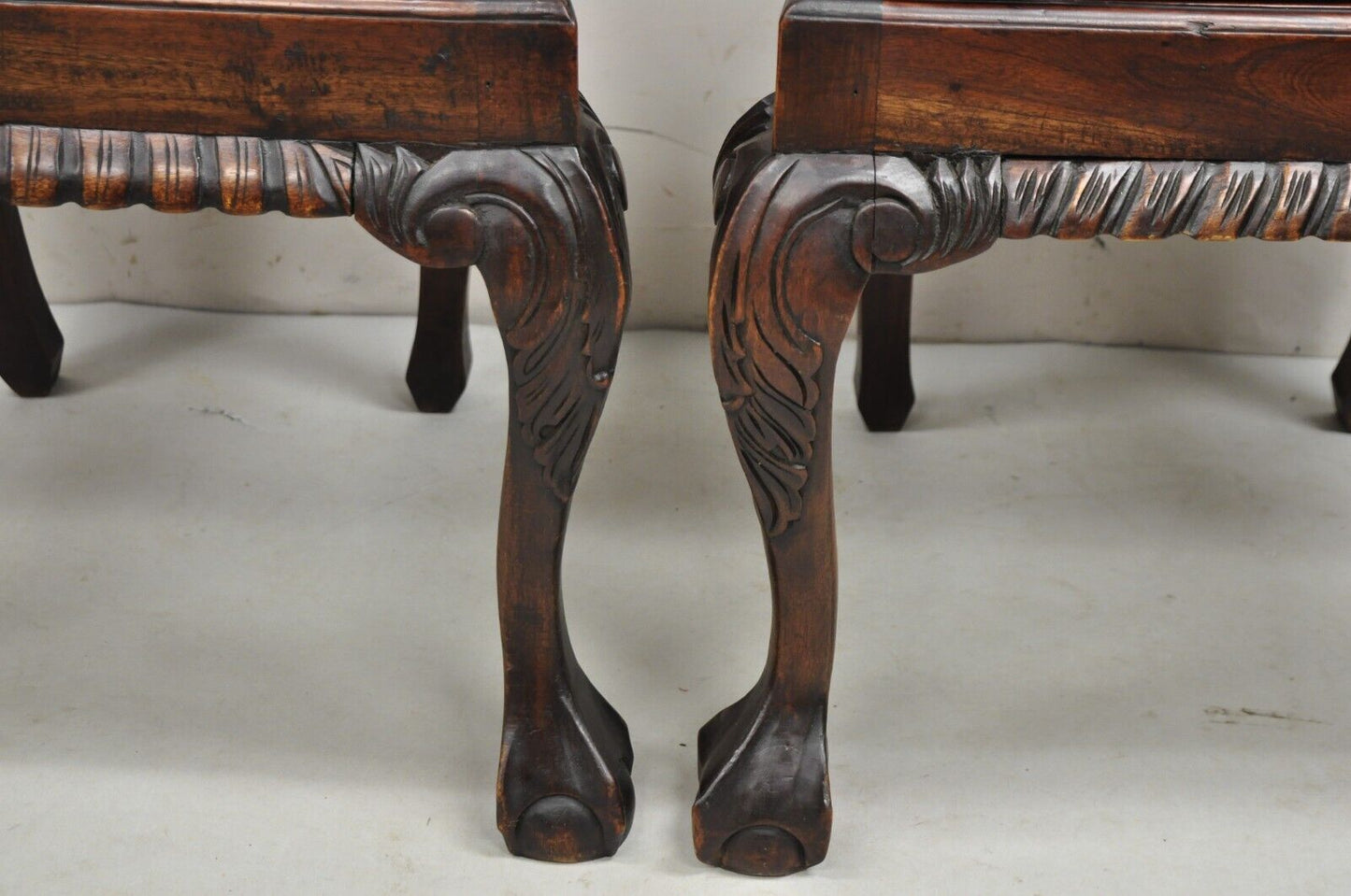 Chippendale Style Mahogany Carved Ball and Claw Dining Side Chairs - a Pair