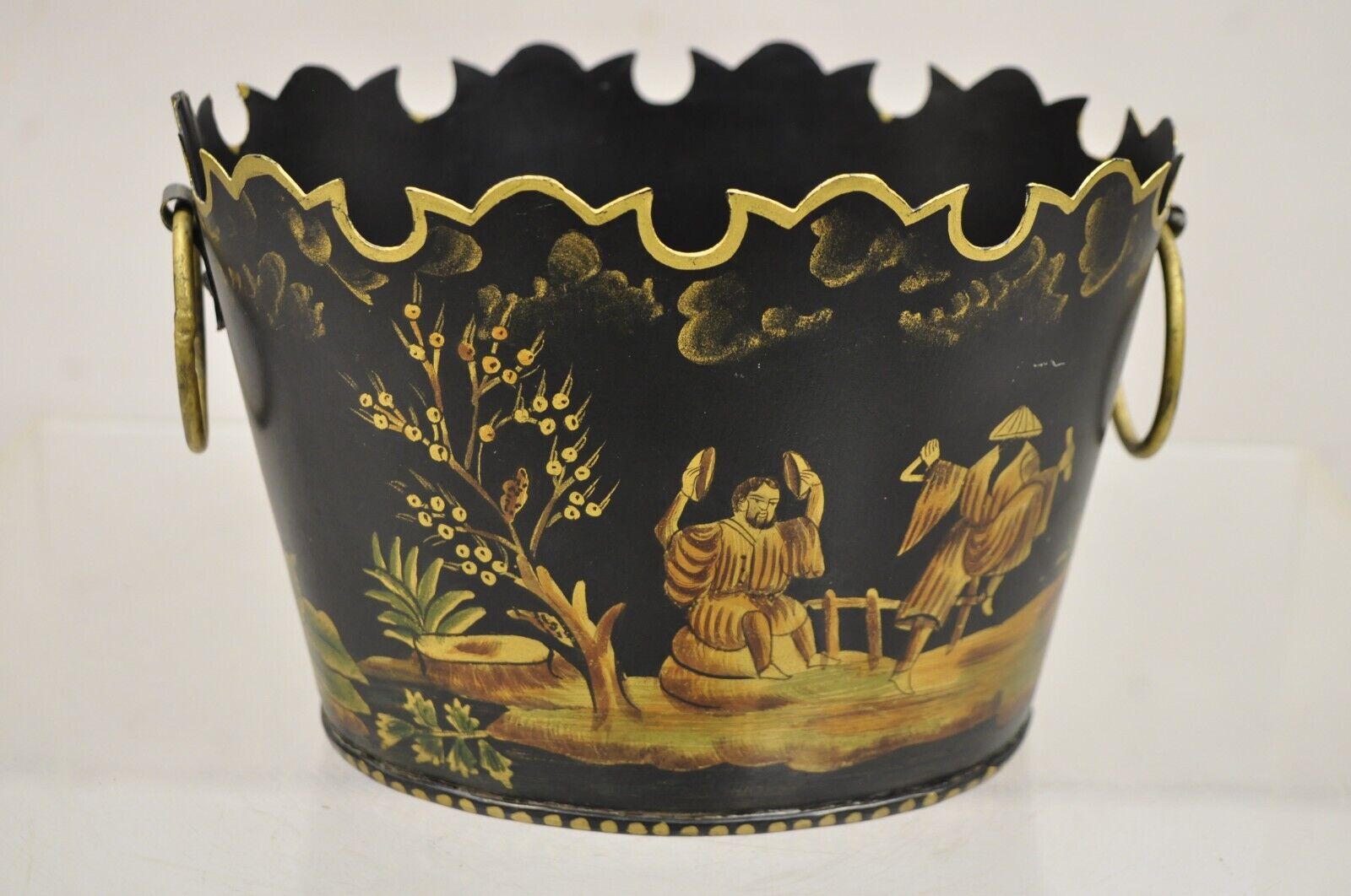 Scalloped Italian Hand Painted Toleware Chinoiserie Black Metal Planter - A Pair