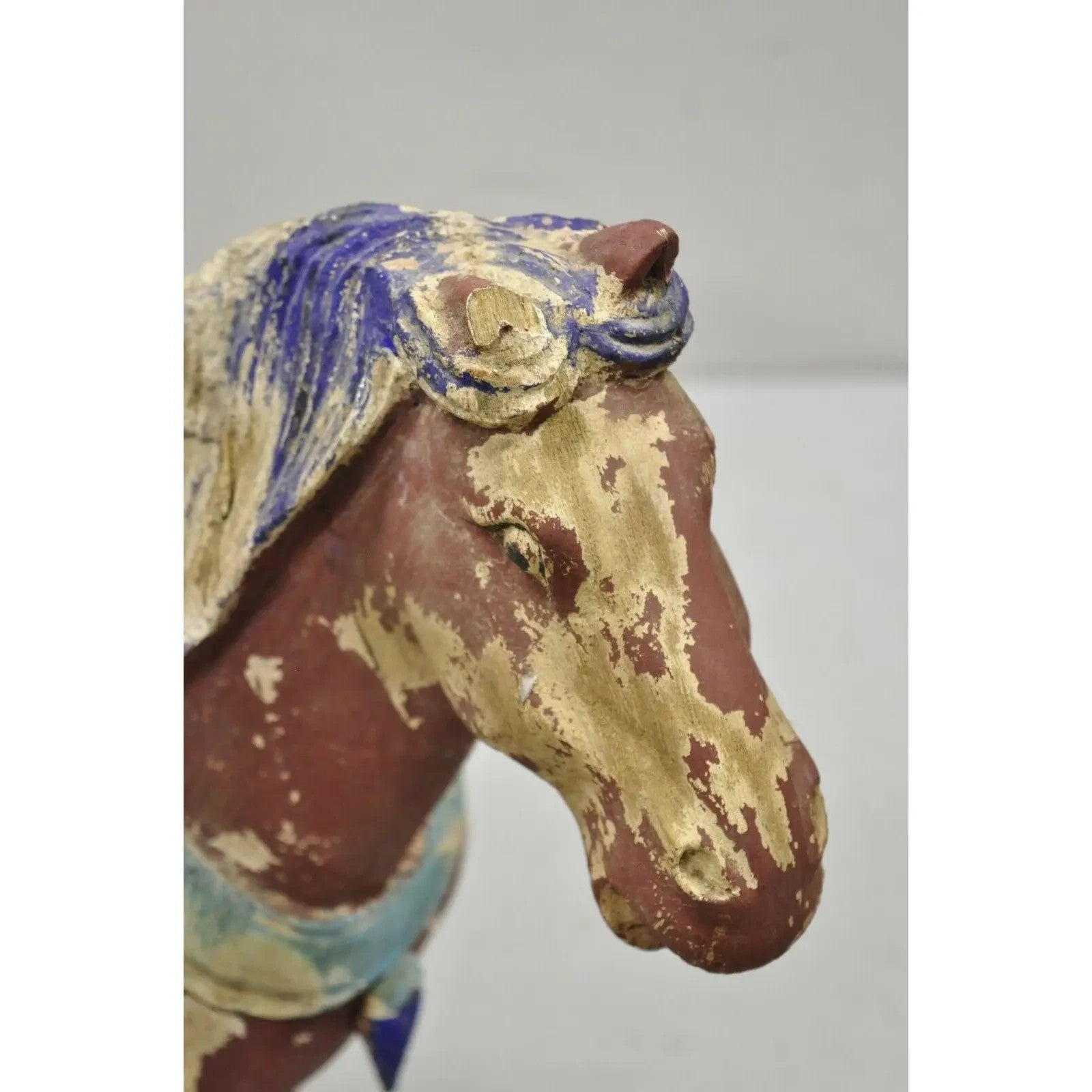 Chinese Polychrome Wooden Carved Wood 28" Tang Horse Sculpture Statue Red Blue