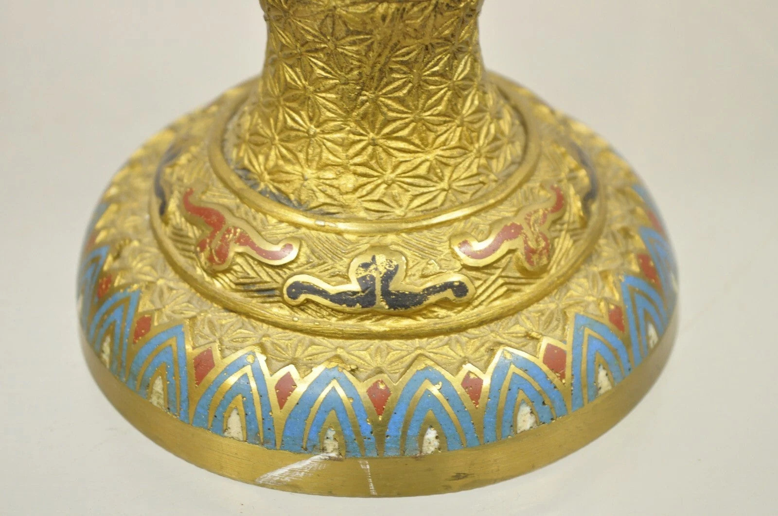 Vintage Japanese Cloisonne Enamel 13" Brass Bronze Candlestick Lamp Base - Pair