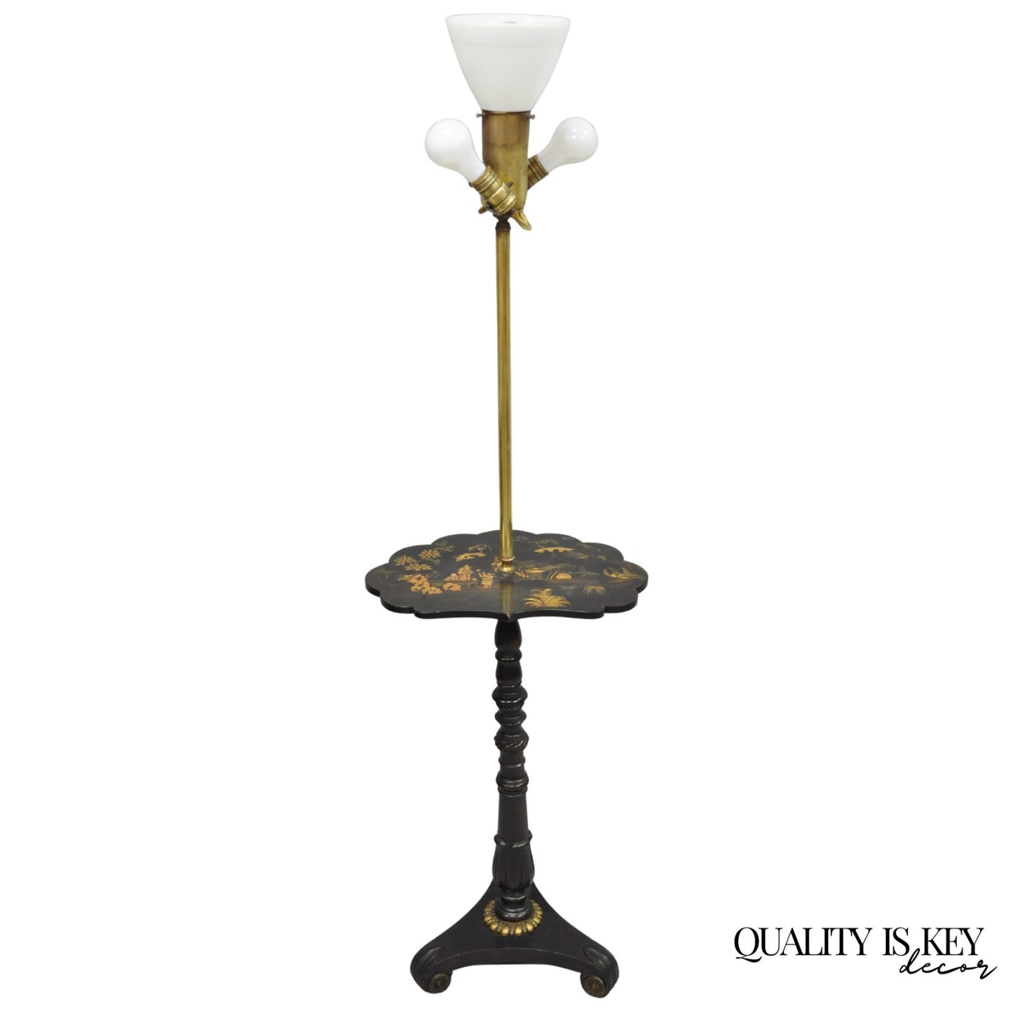 Antique Chinoiserie English Regency Black Lacquer Carved Wood Floor Lamp Table