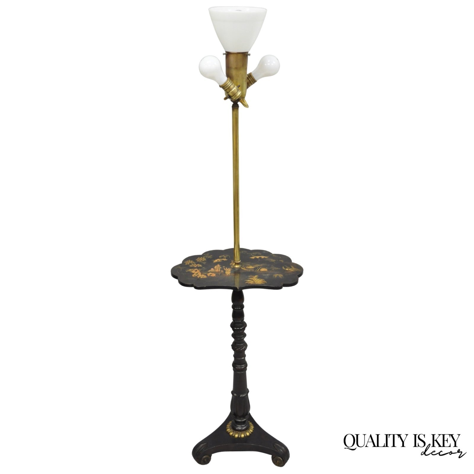 Antique Chinoiserie English Regency Black Lacquer Carved Wood Floor Lamp Table