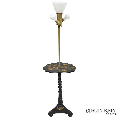 Antique Chinoiserie English Regency Black Lacquer Carved Wood Floor Lamp Table