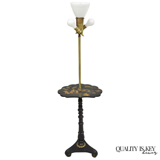 Antique Chinoiserie English Regency Black Lacquer Carved Wood Floor Lamp Table