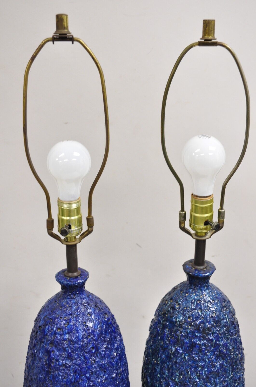 Vintage Mid Century Modern Blue Lava Drip Glazed Ceramic Table Lamp - a Pair