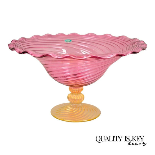 MCM Fratelli Toso Balboa Italian Blown Glass Pink Swirl Gold Flecks Fruit Bowl