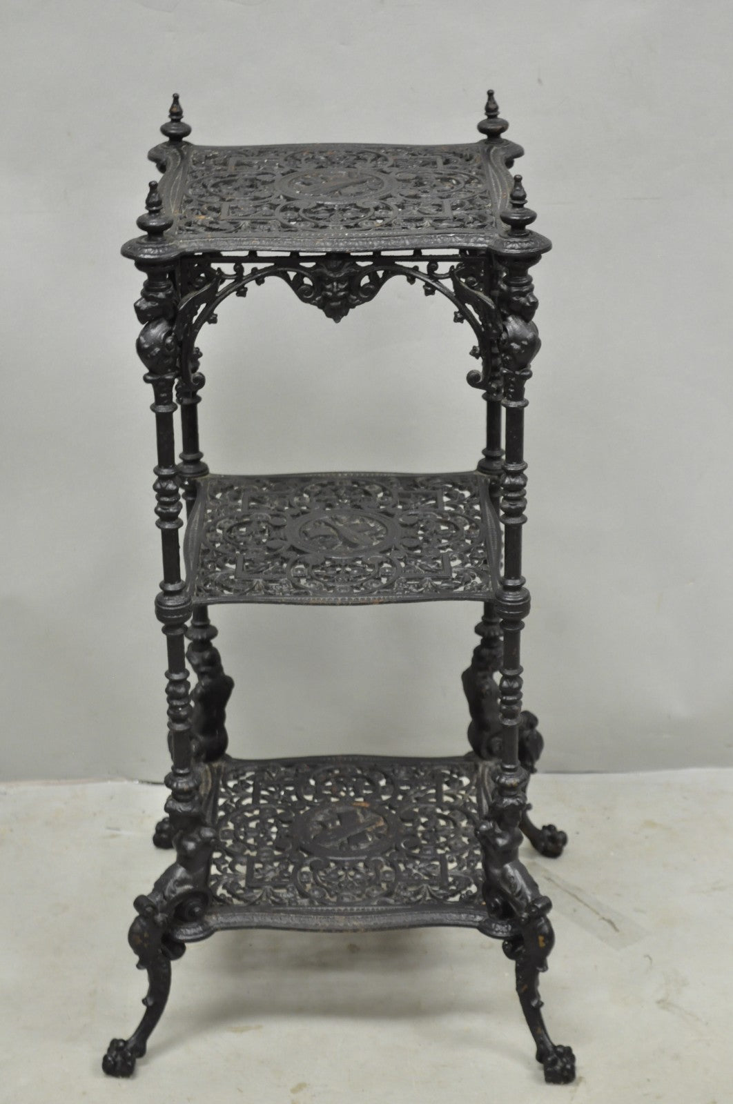 Antique French Renaissance Victorian Cast Iron Figural 3 Tier Plant Stand Table