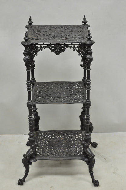 Antique French Renaissance Victorian Cast Iron Figural 3 Tier Plant Stand Table