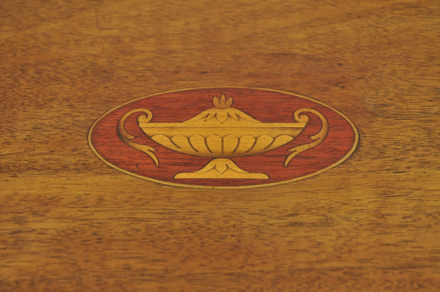 Antique English Edwardian Oval Mahogany Butlers Bar Serving Tray with Urn Inlay
