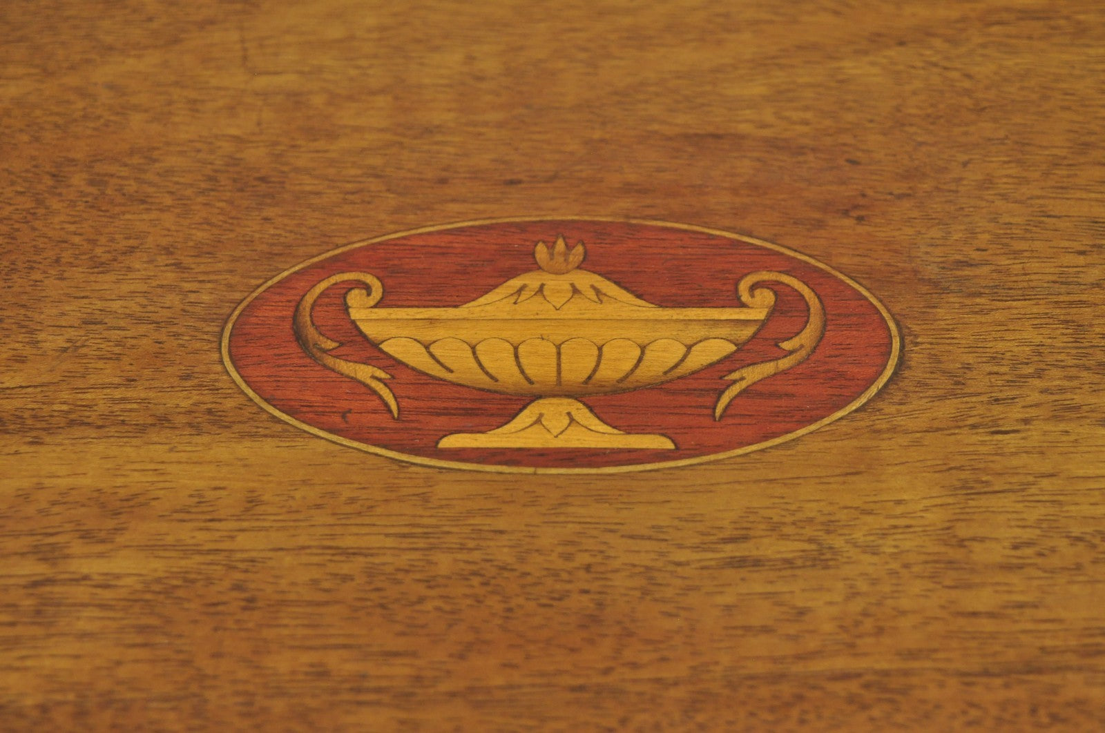 Antique English Edwardian Oval Mahogany Butlers Bar Serving Tray with Urn Inlay