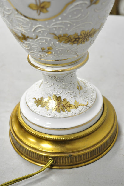 Vintage French Louis XV White Porcelain Ginger Jar Gold Flower Table Lamps Pair