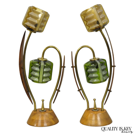 Vintage Mid Century Modern Walnut Tulip Flower Glass Shade Table Lamps - a Pair