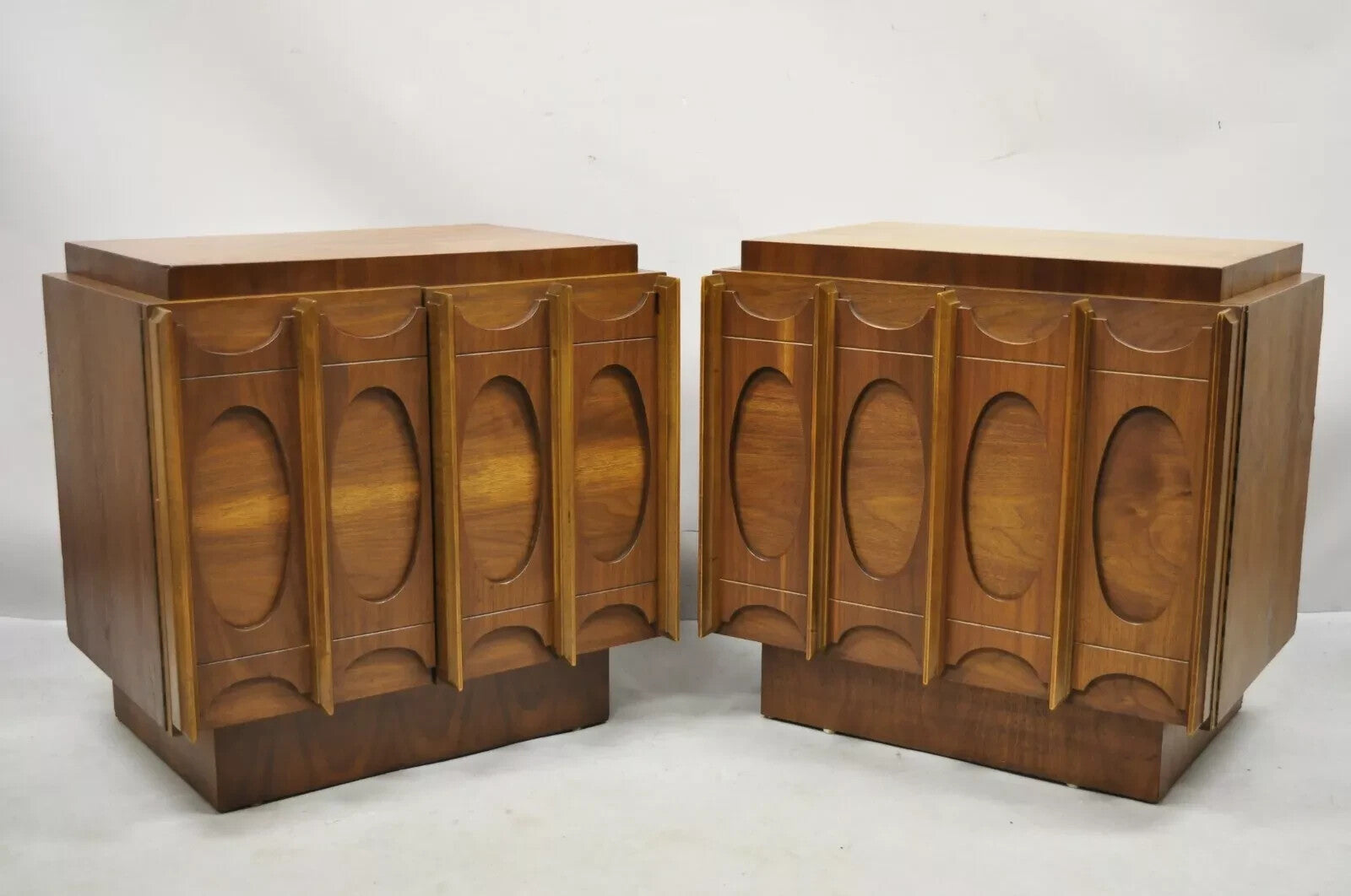 Vintage Mid Century Modern Sculpted Walnut Nightstand Cabinets by Tobago - Pair