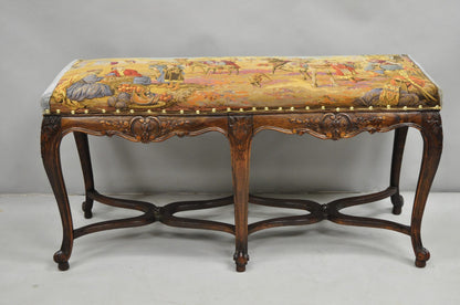 Vintage French Country Louis XV Style Walnut Bench w/ Arabian Market Tapestry