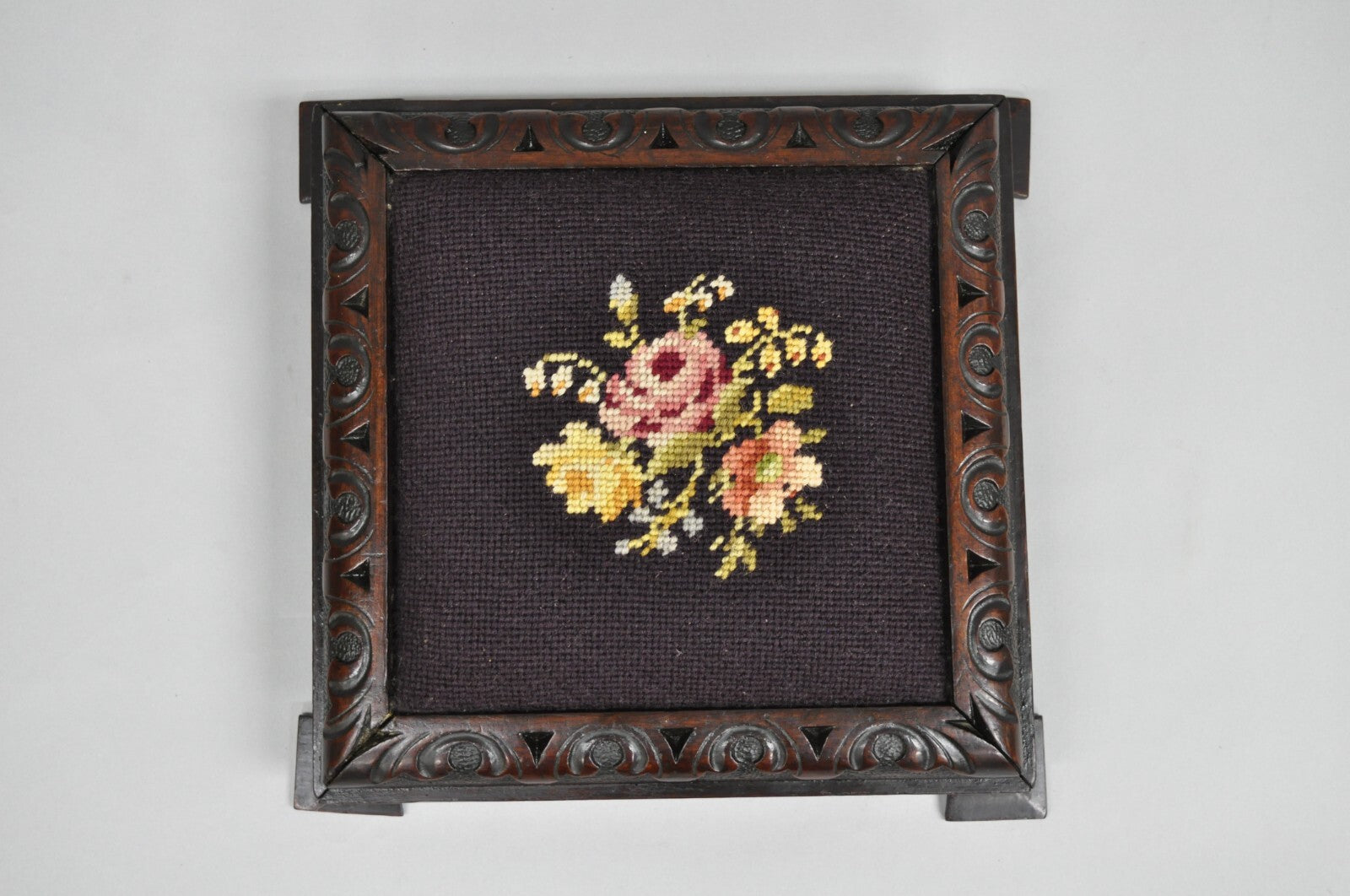 Antique Victorian Carved Solid Mahogany Floral Needlepoint Low Footstool Ottoman