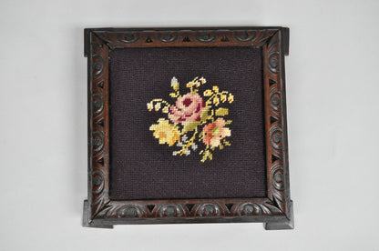 Antique Victorian Carved Solid Mahogany Floral Needlepoint Low Footstool Ottoman