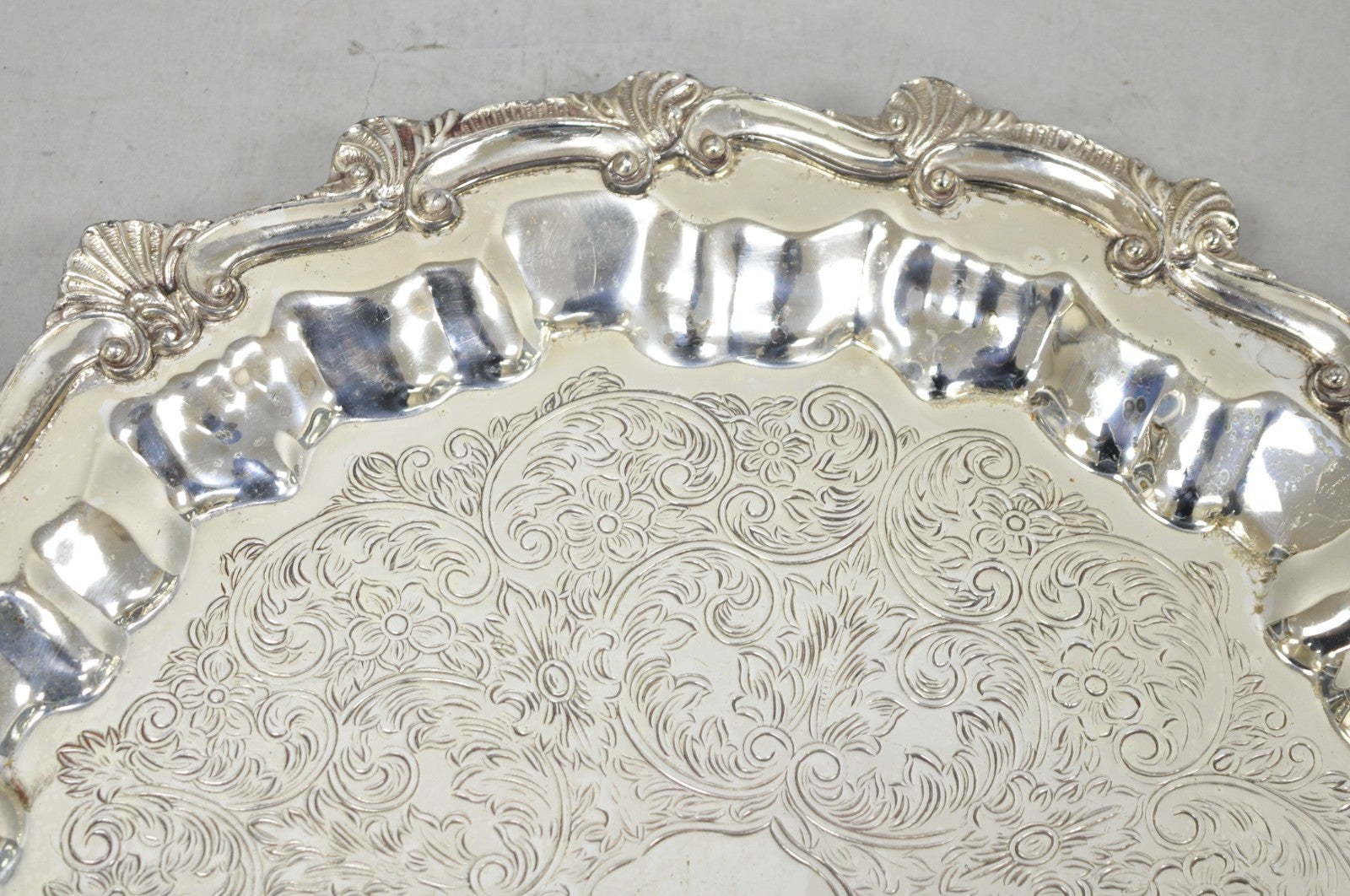 Vintage Victorian Silver Plated Round Scalloped Twin Handle Bar Serving Tray