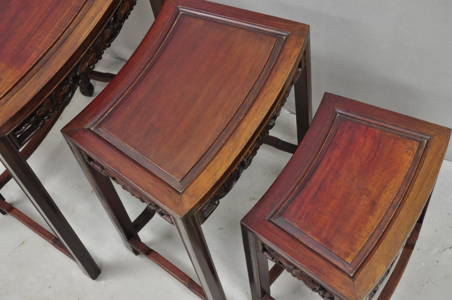 Vintage Chinese Carved Hardwood Curved Frame Nesting Side Tables - Set of 4